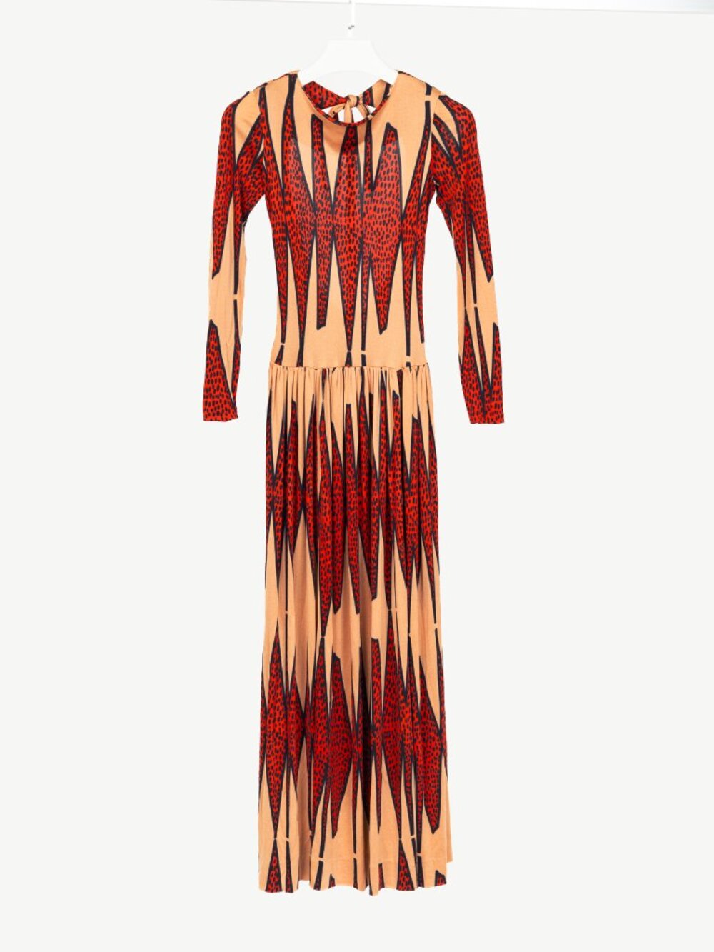 Traina Boutique Vintage 70's Tan & Red Spotted Jersey Open-Back Maxi Dress